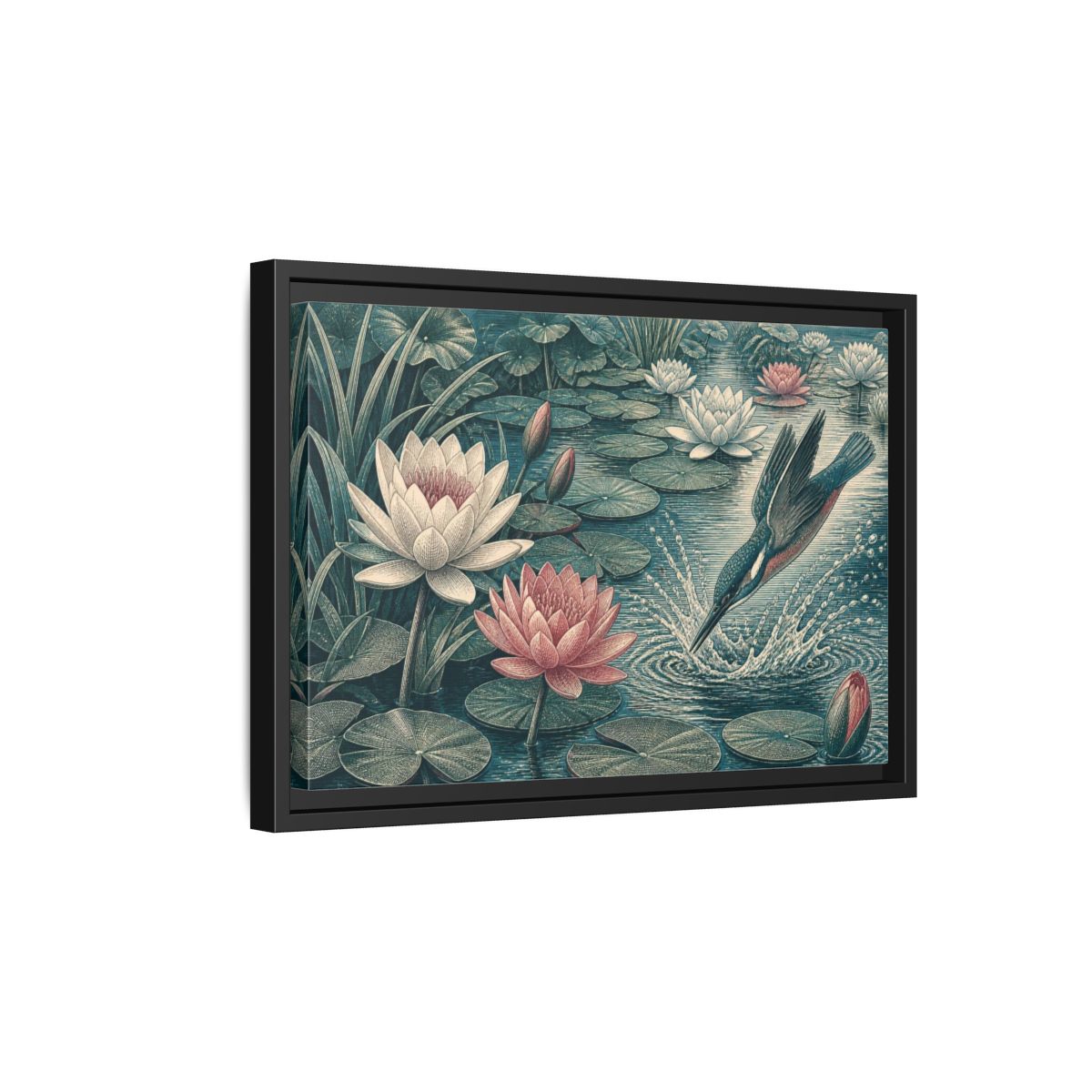 Side Mockup 6. Nature Kingfisher & Lilies shown as framed canvas print