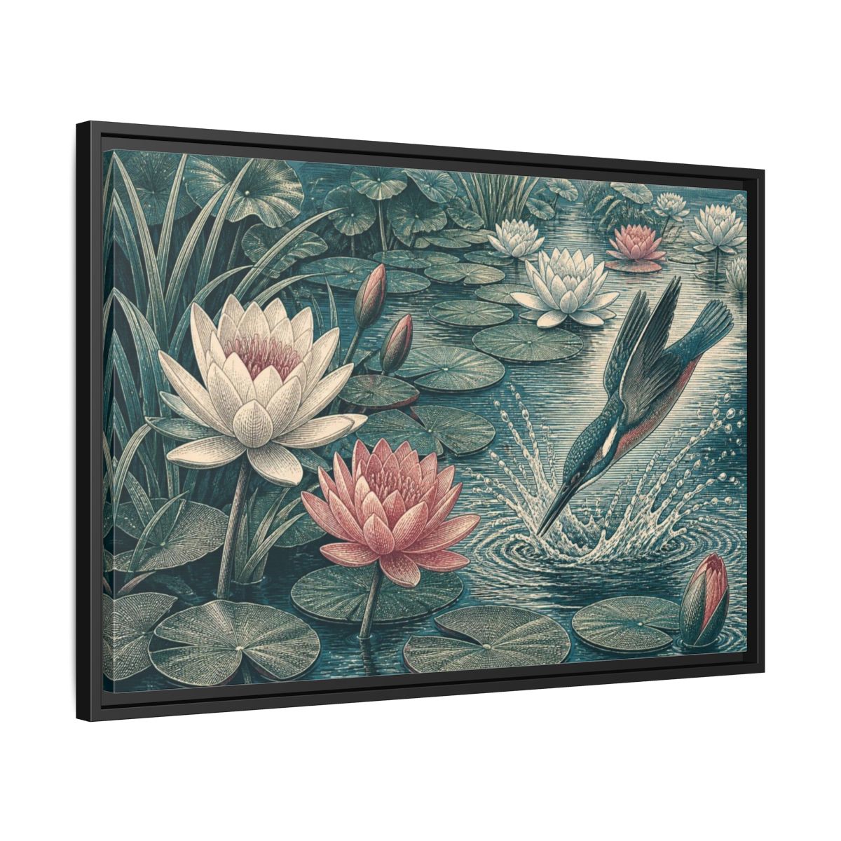 Side Mockup 14. Nature Kingfisher & Lilies shown as framed canvas print