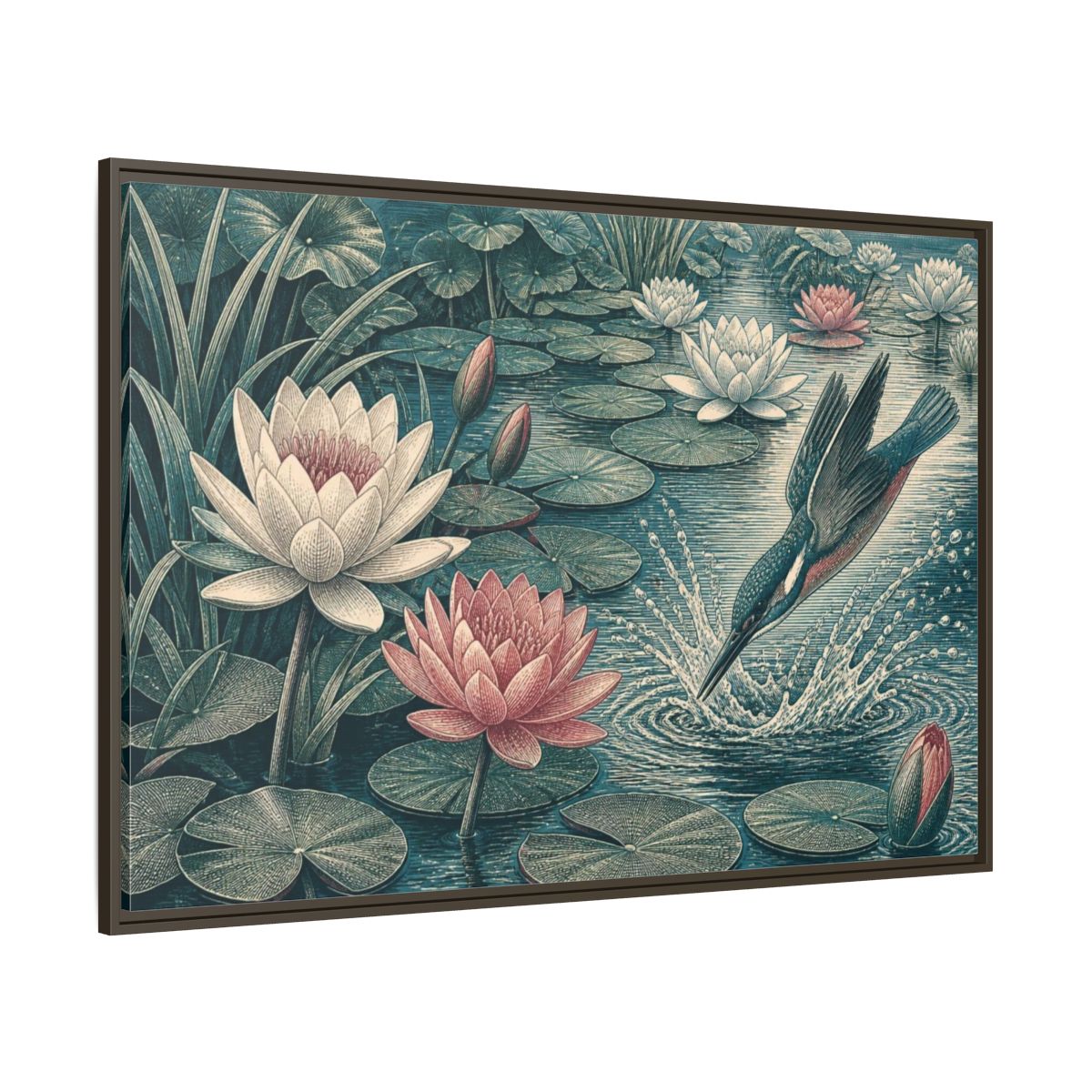 Side Mockup 8. Nature Kingfisher & Lilies shown as framed canvas print