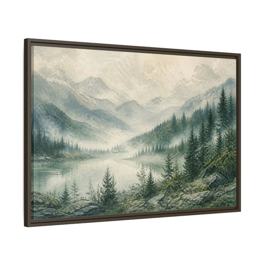 Main Mockup. Nature Misty Mountain Lake shown as framed canvas print