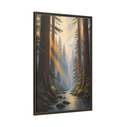 Main Mockup. Nature Misty Redwood Stream shown as framed canvas print