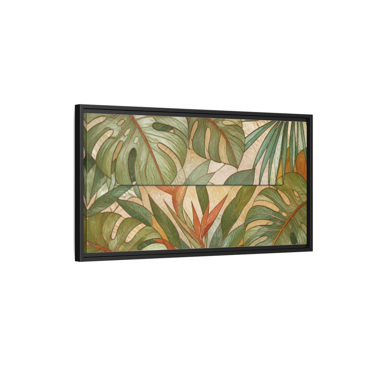 Side Mockup 2. Nature Monstera Leaves shown as framed canvas print