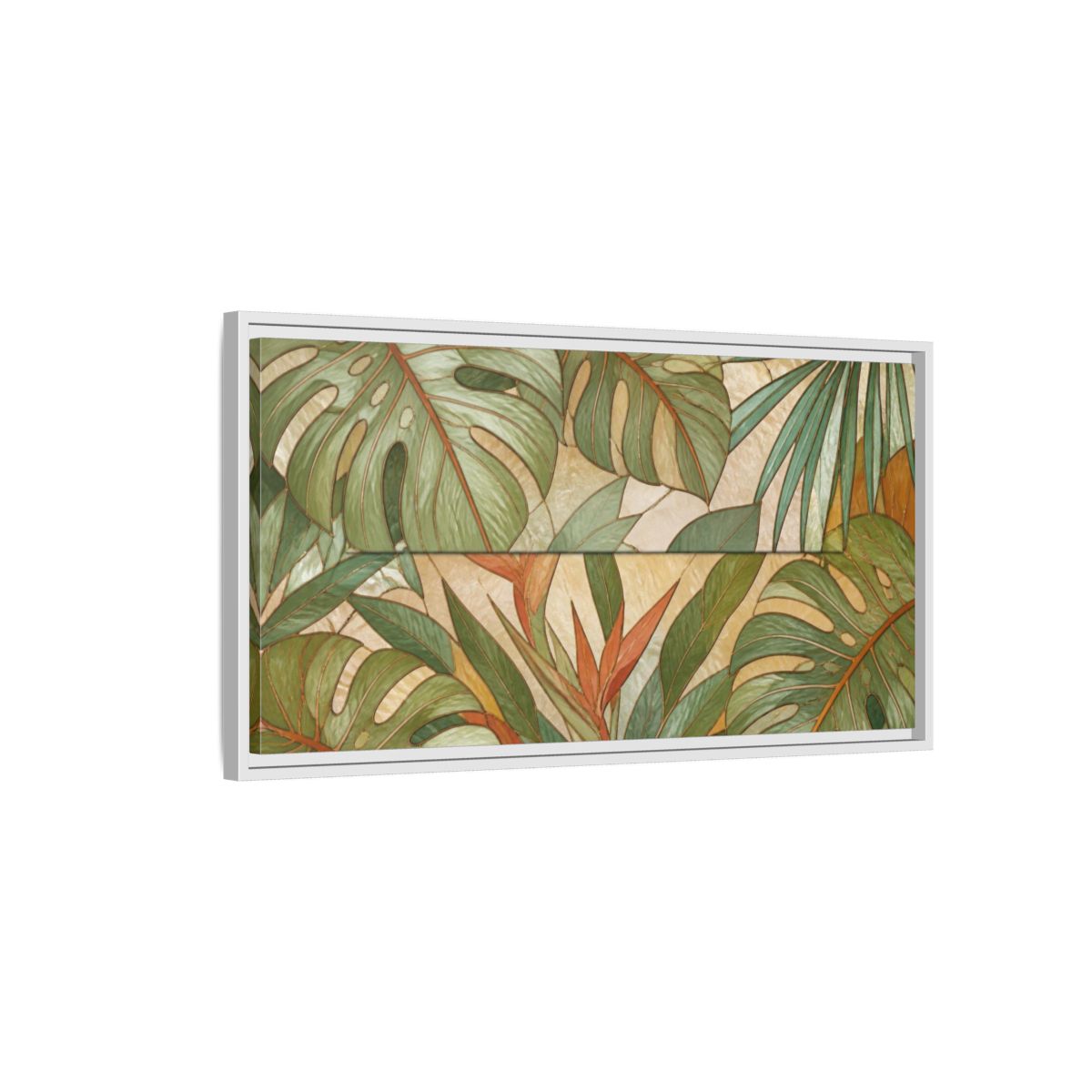 Side Mockup 1. Nature Monstera Leaves shown as framed canvas print