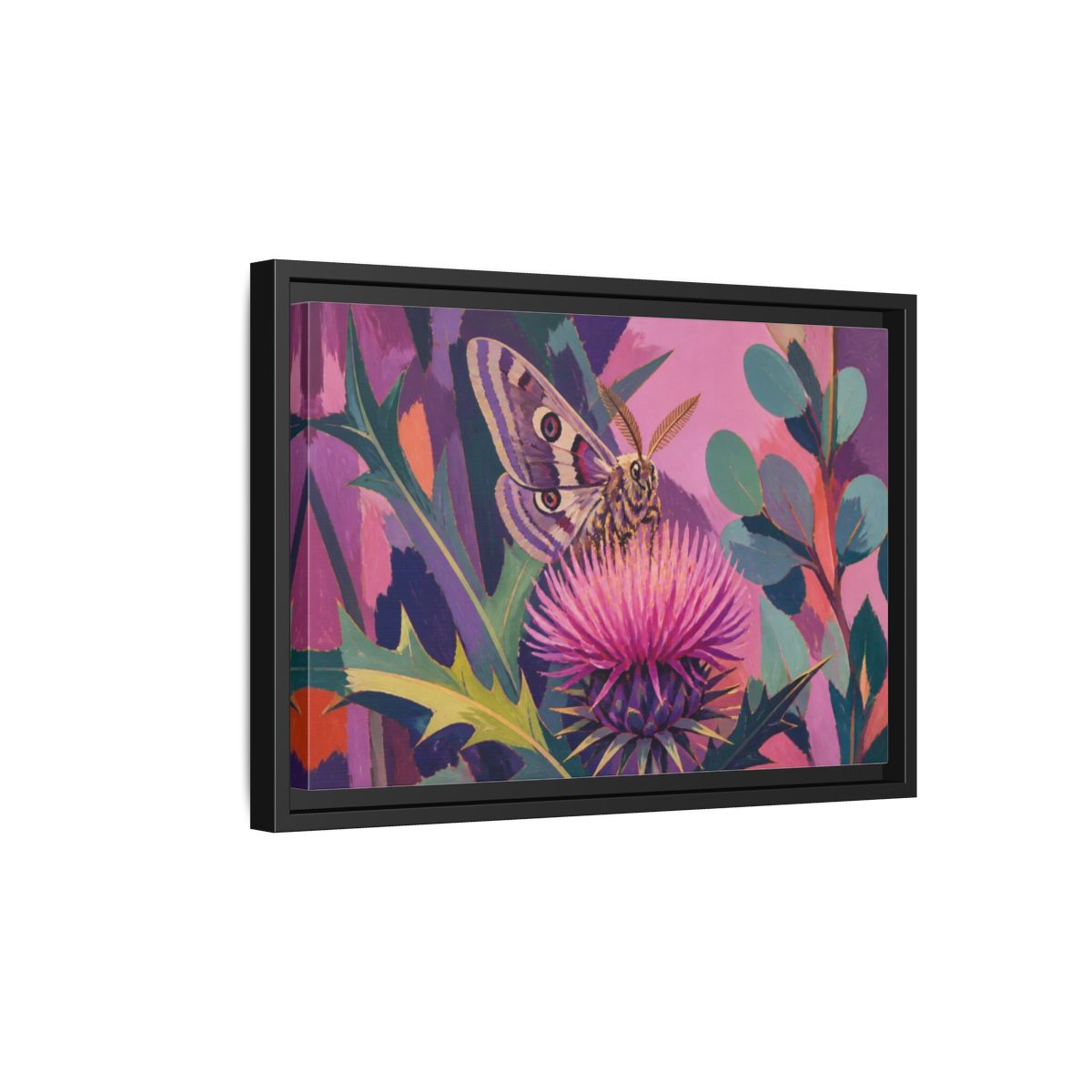 Side Mockup 6. Nature Moth On Thistle shown as framed canvas print