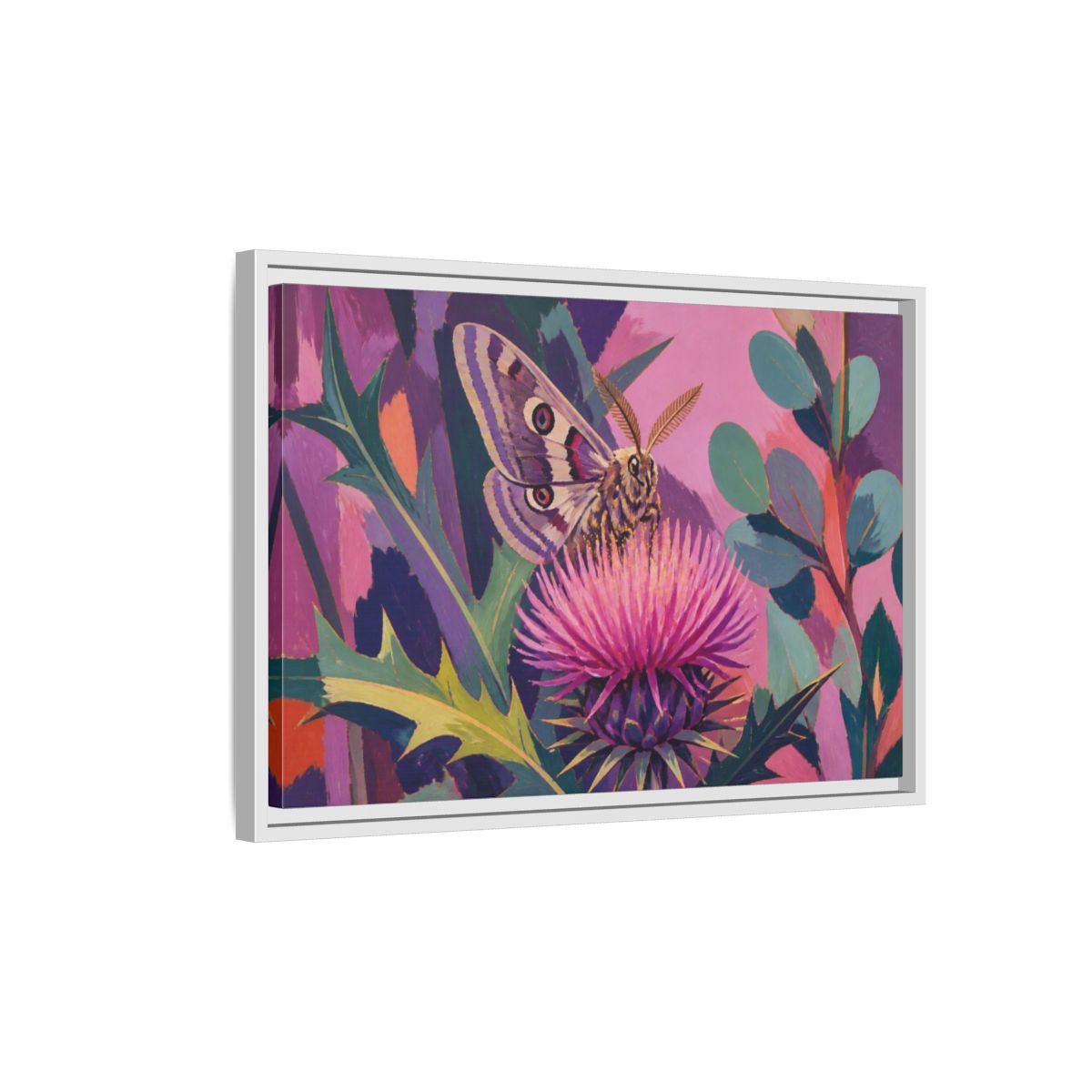 Side Mockup 1. Nature Moth On Thistle shown as framed canvas print