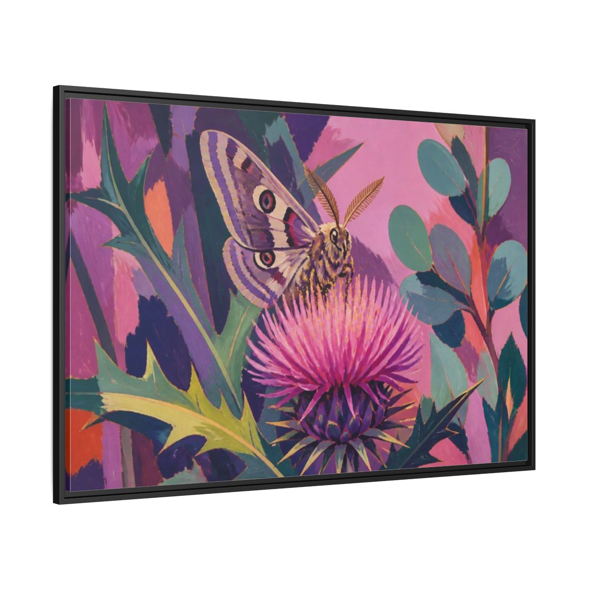 Side Mockup 12. Nature Moth On Thistle shown as framed canvas print