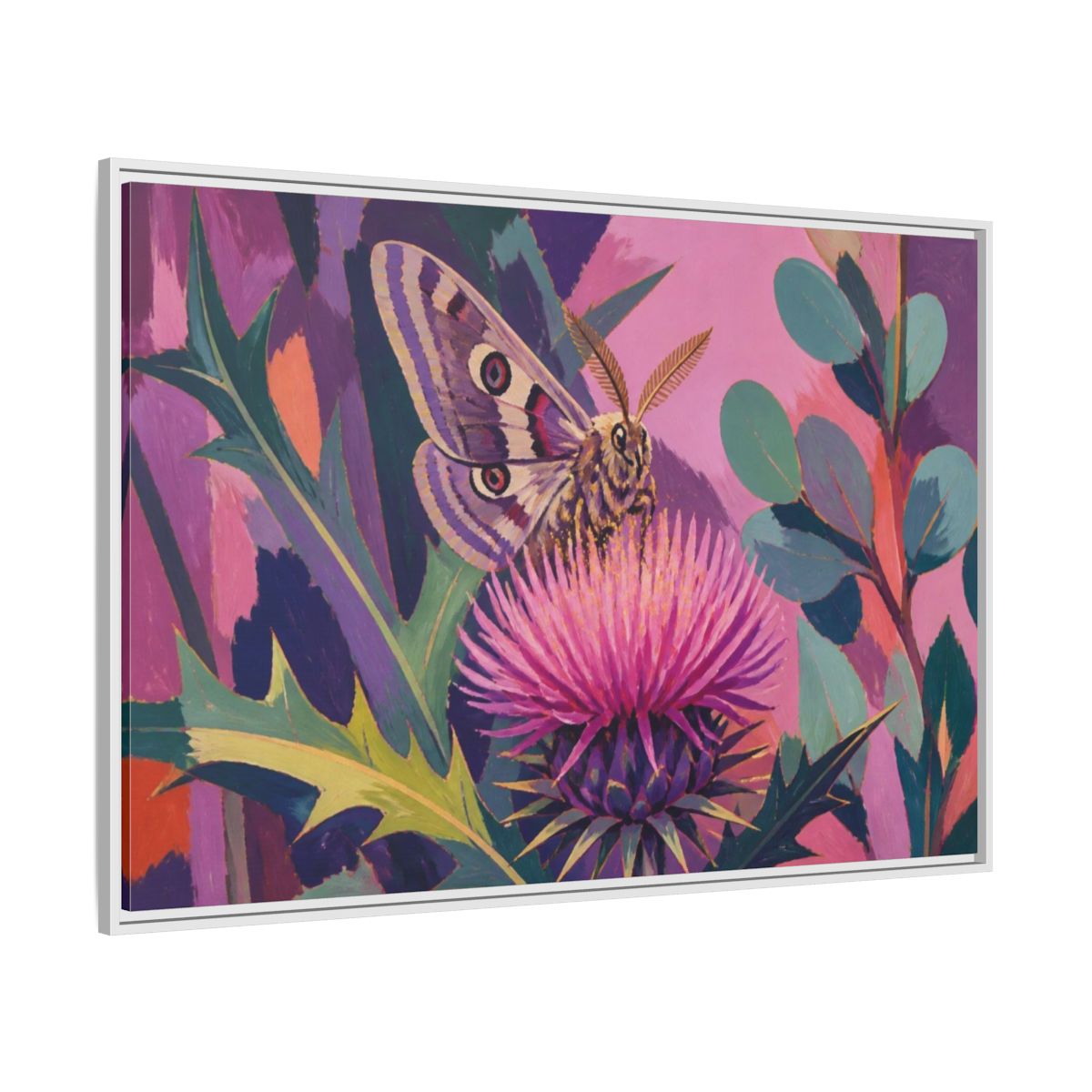 Side Mockup 7. Nature Moth On Thistle shown as framed canvas print