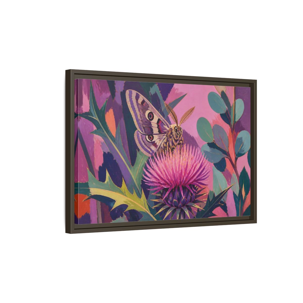 Side Mockup 2. Nature Moth On Thistle shown as framed canvas print