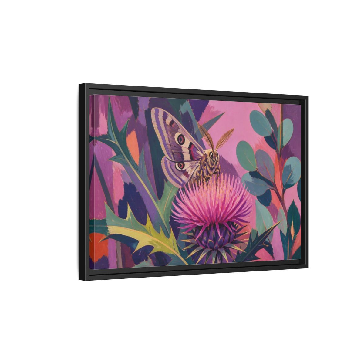 Side Mockup 3. Nature Moth On Thistle shown as framed canvas print