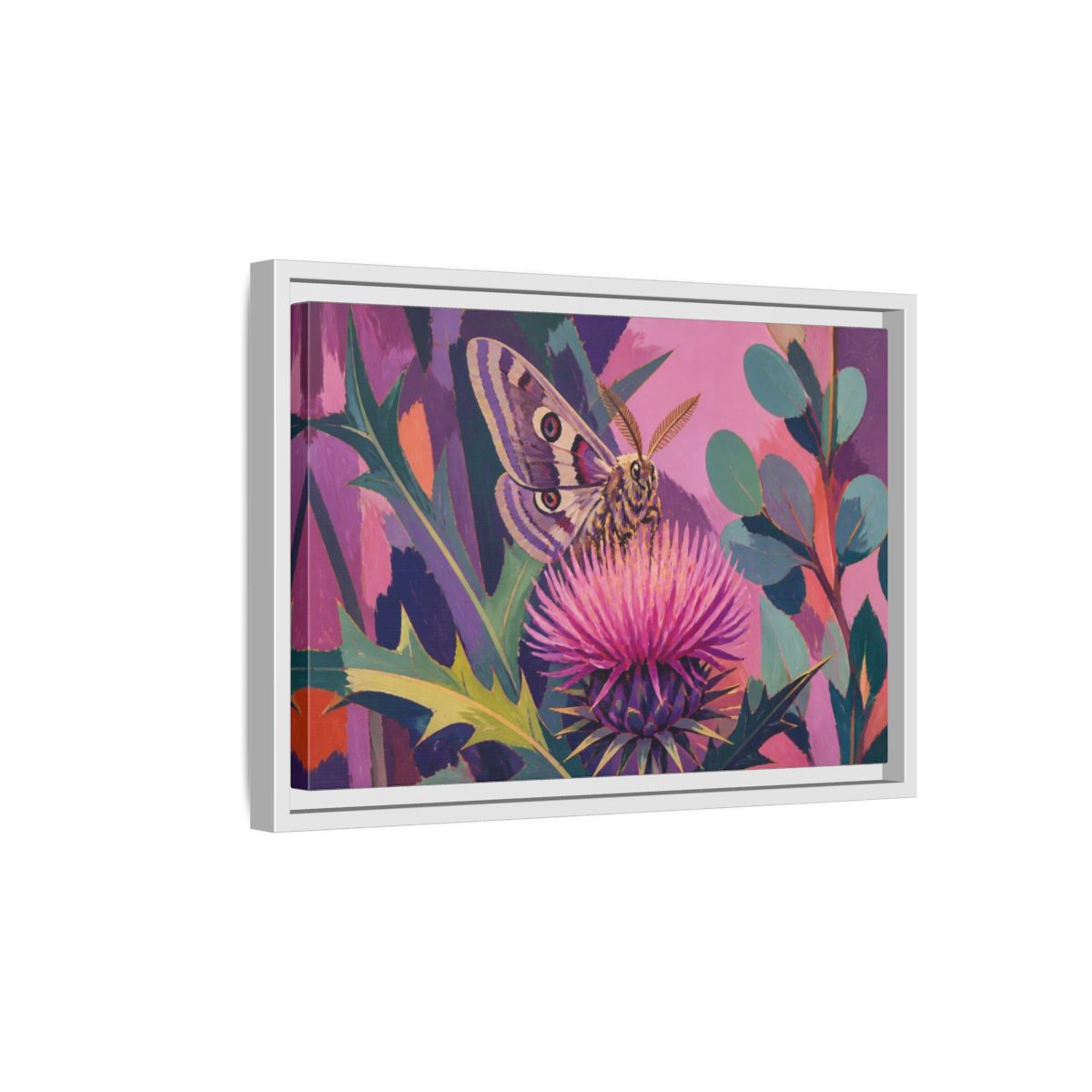 Side Mockup 4. Nature Moth On Thistle shown as framed canvas print