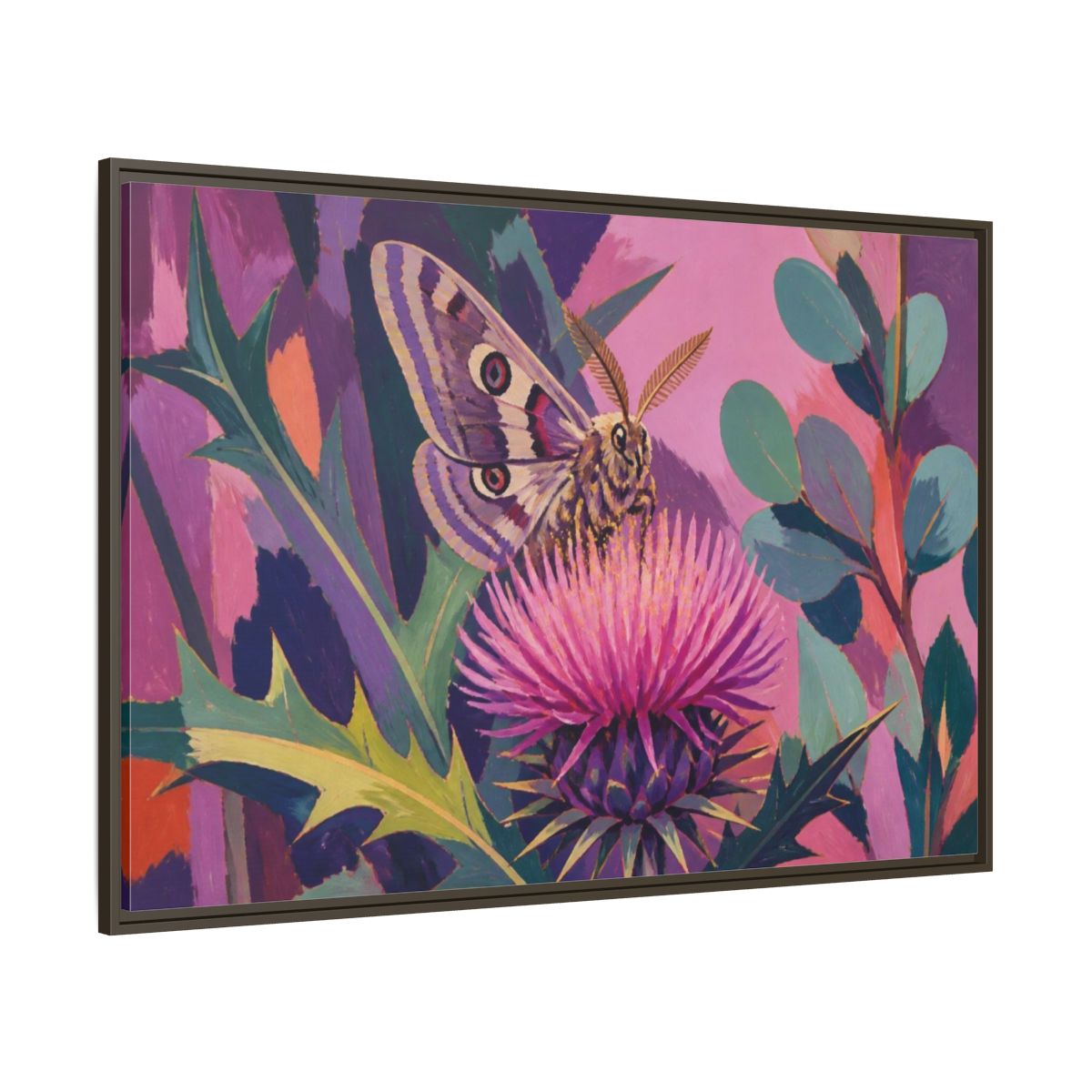 Side Mockup 8. Nature Moth On Thistle shown as framed canvas print
