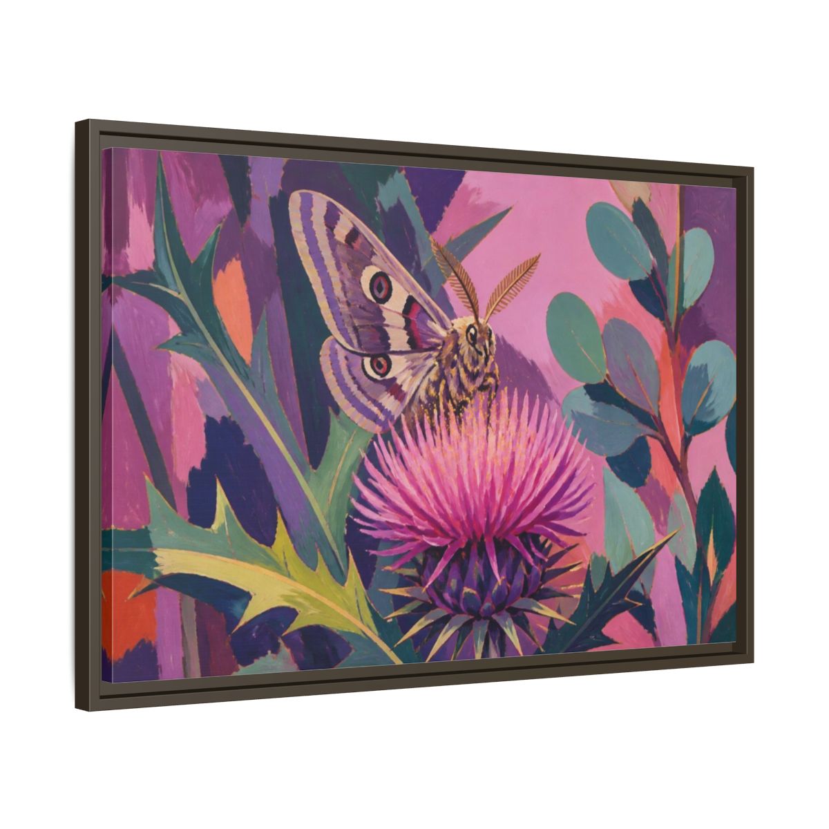 Side Mockup 11. Nature Moth On Thistle shown as framed canvas print