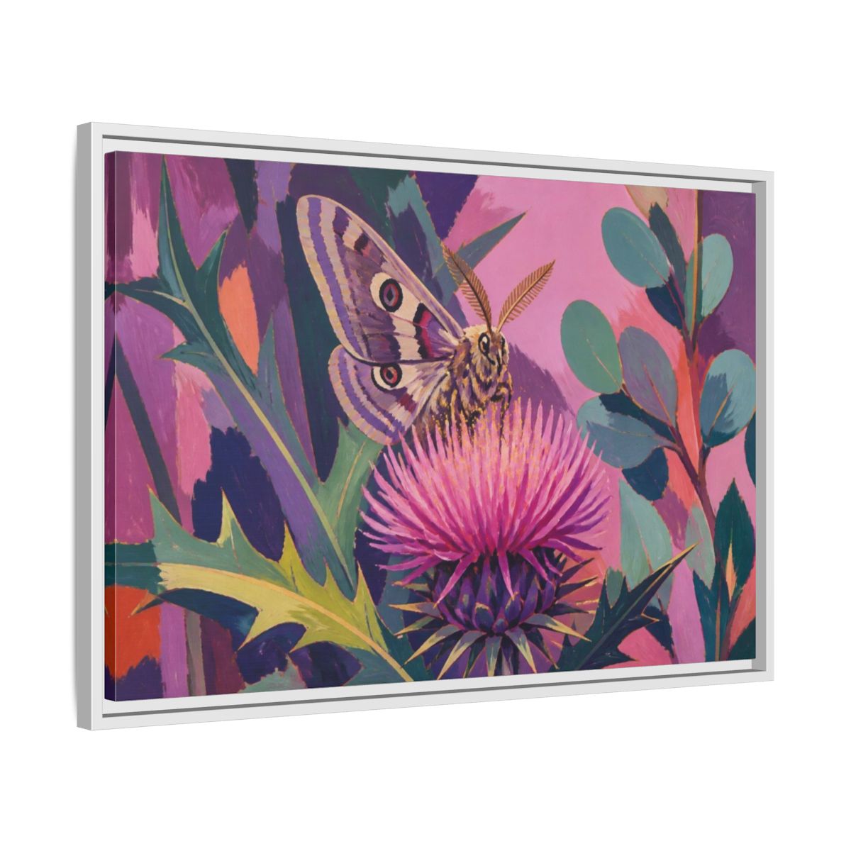 Side Mockup 10. Nature Moth On Thistle shown as framed canvas print