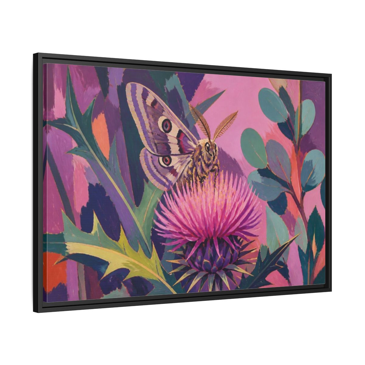 Side Mockup 13. Nature Moth On Thistle shown as framed canvas print