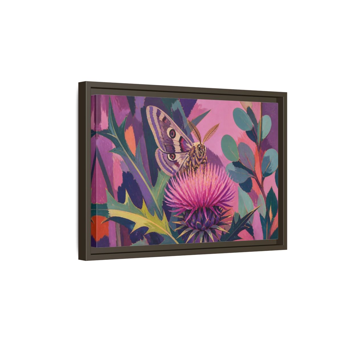 Side Mockup 5. Nature Moth On Thistle shown as framed canvas print