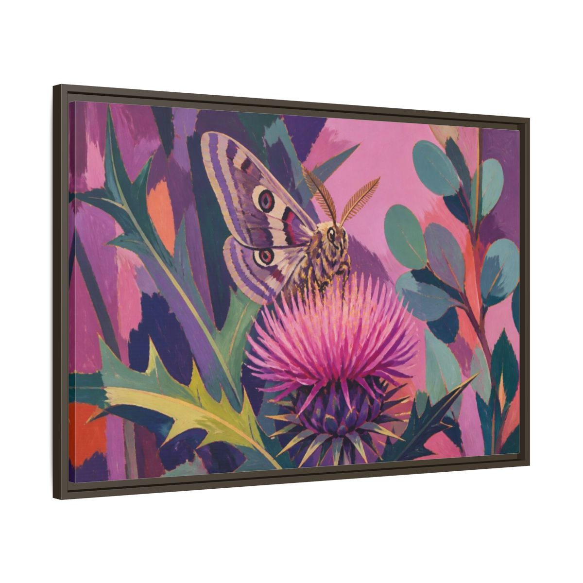 Main Mockup. Nature Moth On Thistle shown as framed canvas print