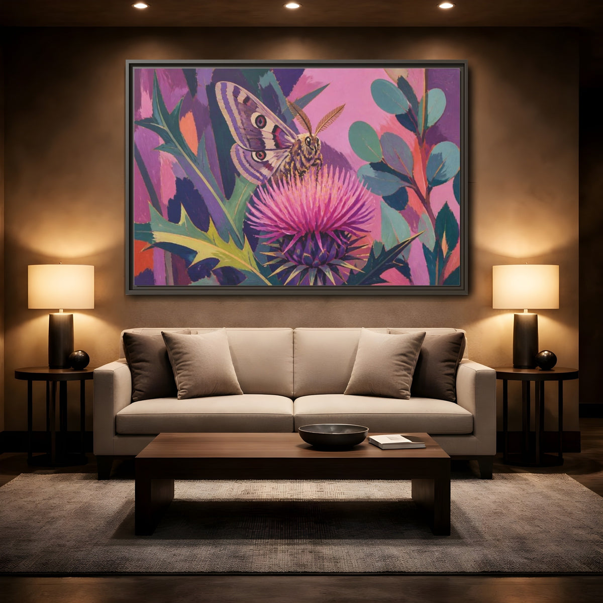 Mockup 2. Nature Moth On Thistle shown as framed canvas print