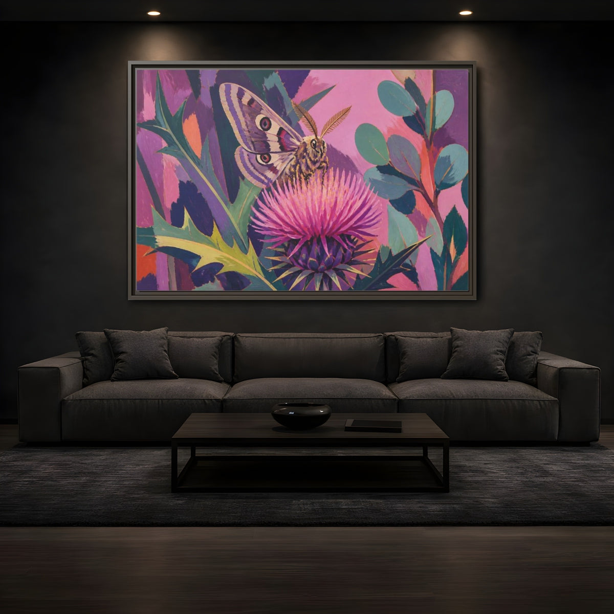 Mockup 3. Nature Moth On Thistle shown as framed canvas print