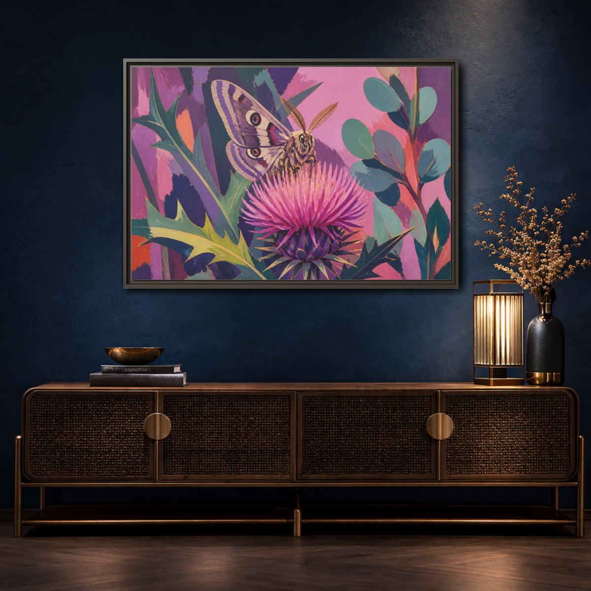 Mockup 4. Nature Moth On Thistle shown as framed canvas print