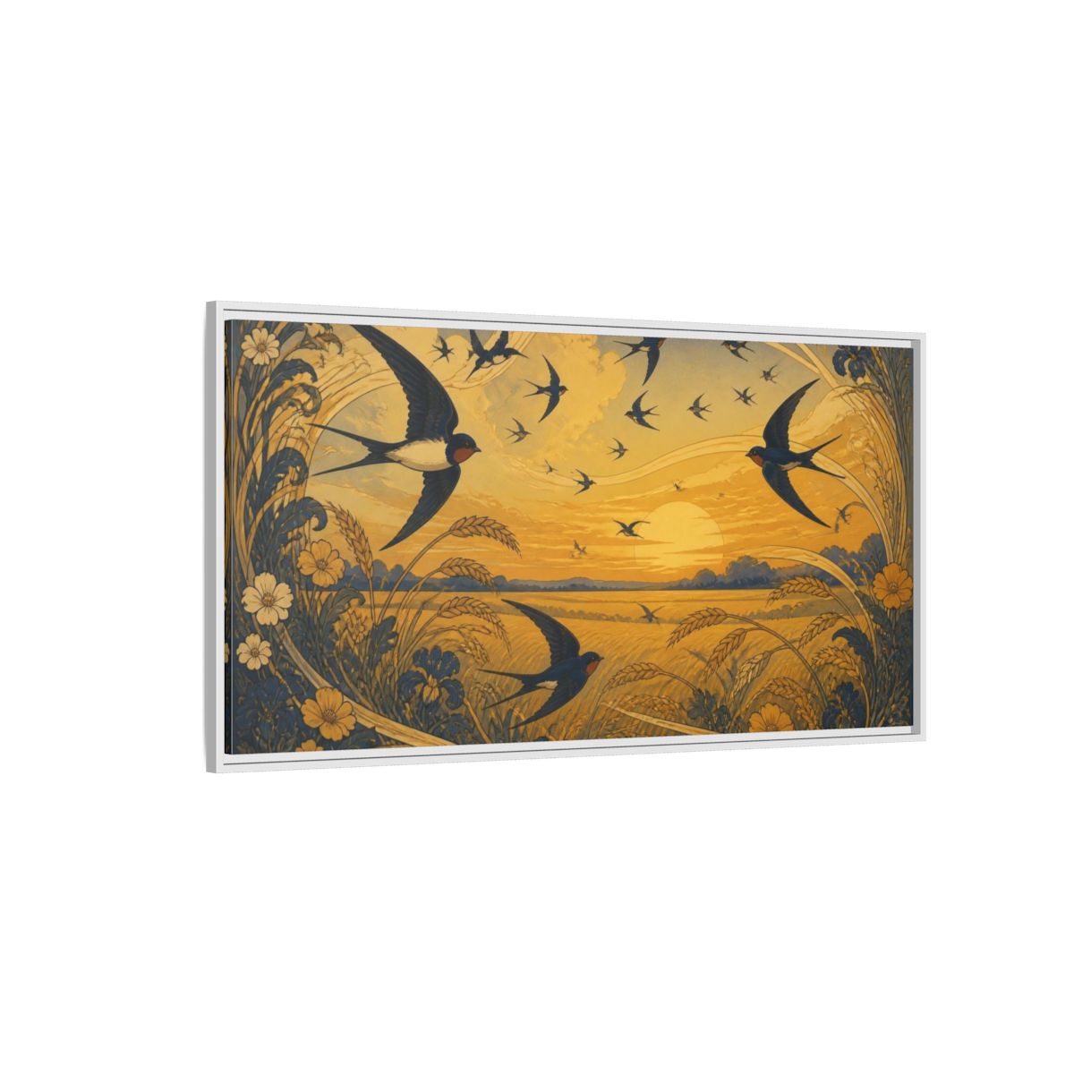 Side Mockup 3. Nature Swallows At Sunset shown as framed canvas print