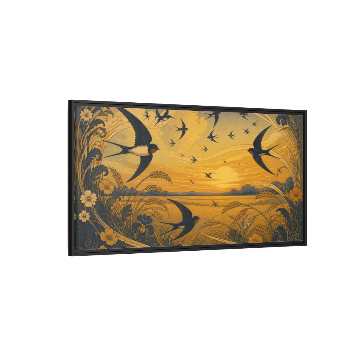 Side Mockup 5. Nature Swallows At Sunset shown as framed canvas print