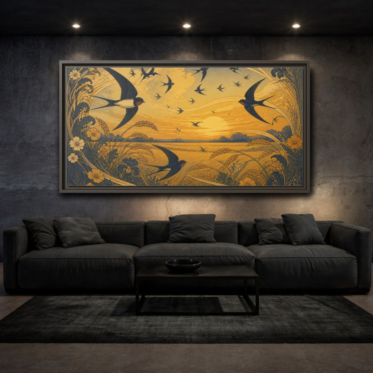 Mockup 3. Nature Swallows At Sunset shown as framed canvas print