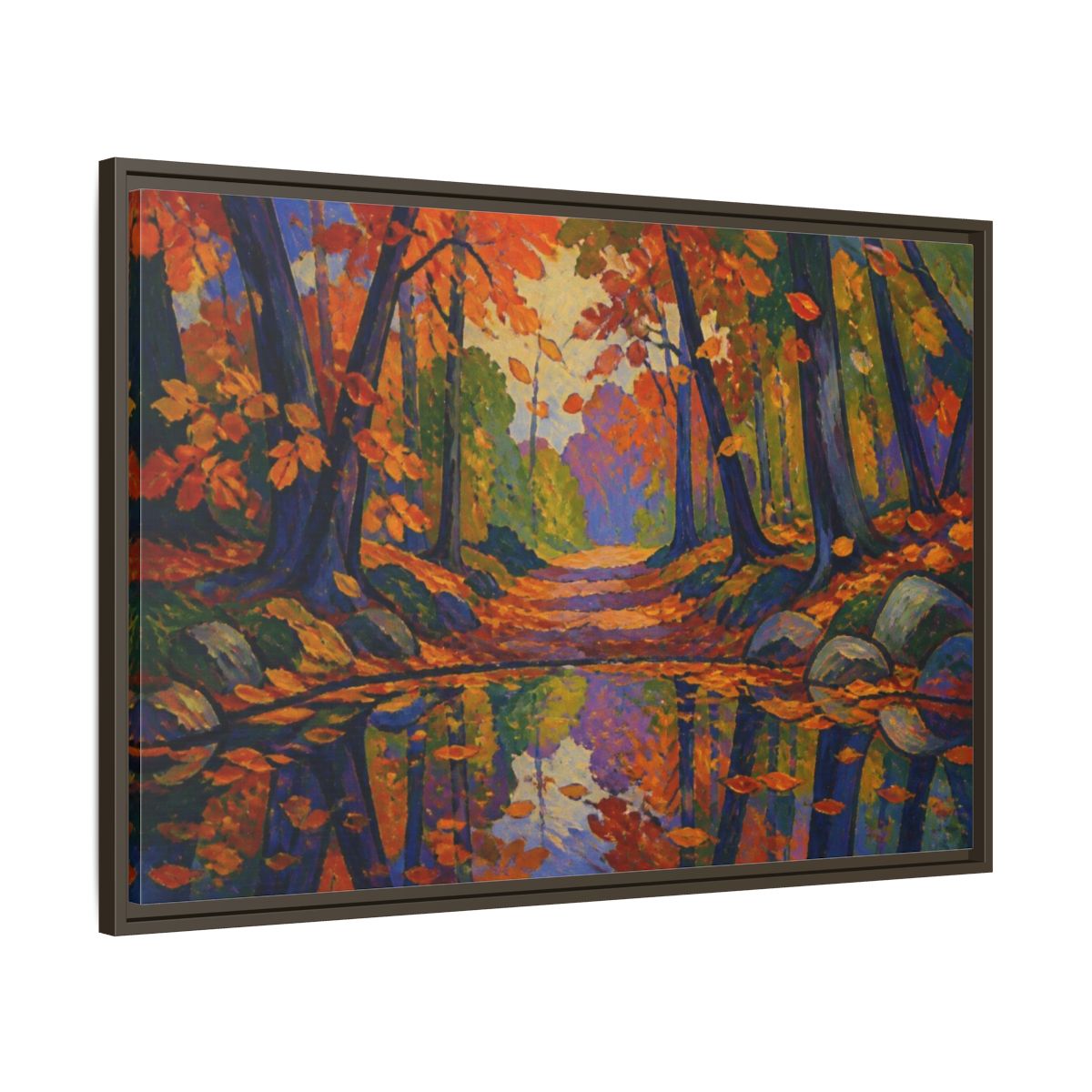 Main Mockup. Nature's Autumn Path shown as framed canvas print