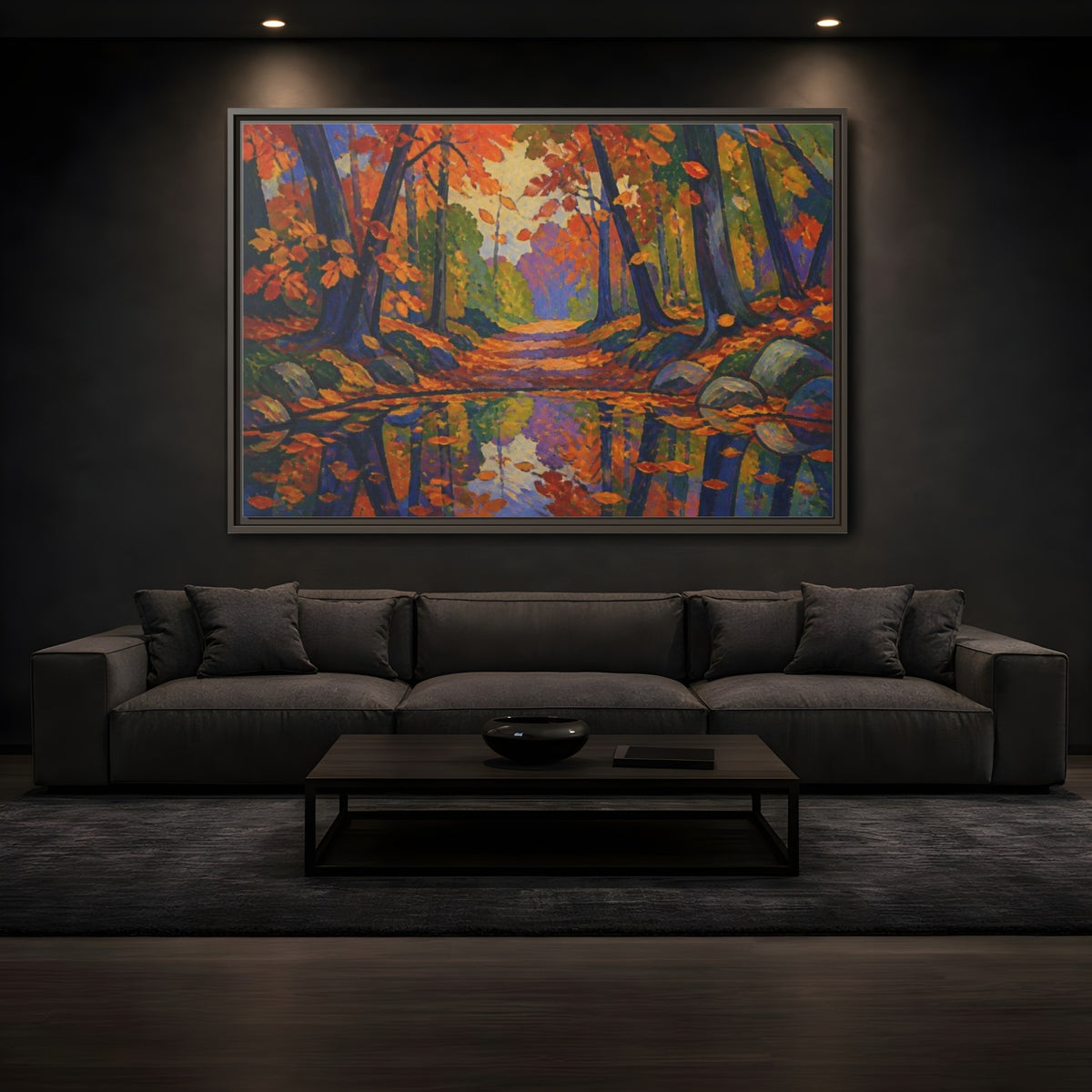 Mockup 3. Nature's Autumn Path shown as framed canvas print