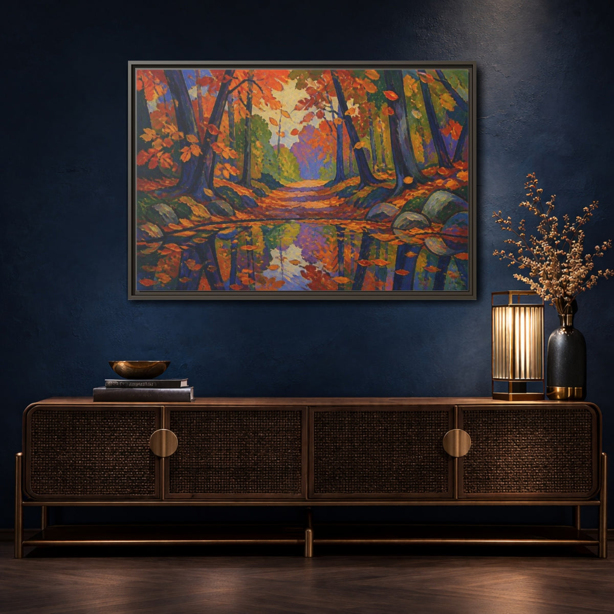 Mockup 4. Nature's Autumn Path shown as framed canvas print