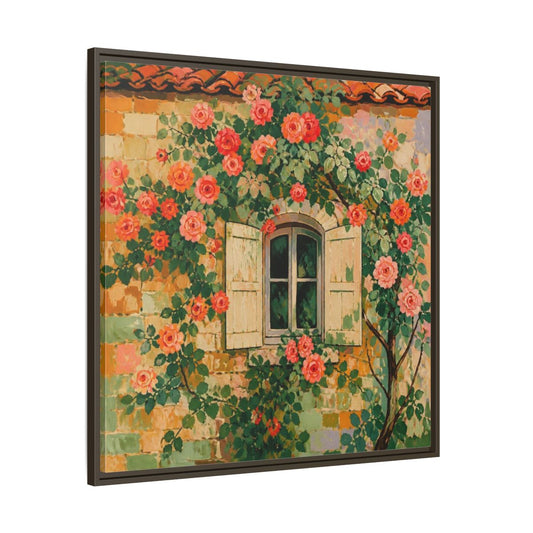 Main Mockup. Nature's Cottage Roses shown as framed canvas print