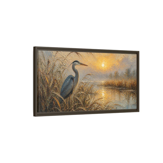 Main Mockup. Nature's Heron At Sunrise shown as framed canvas print