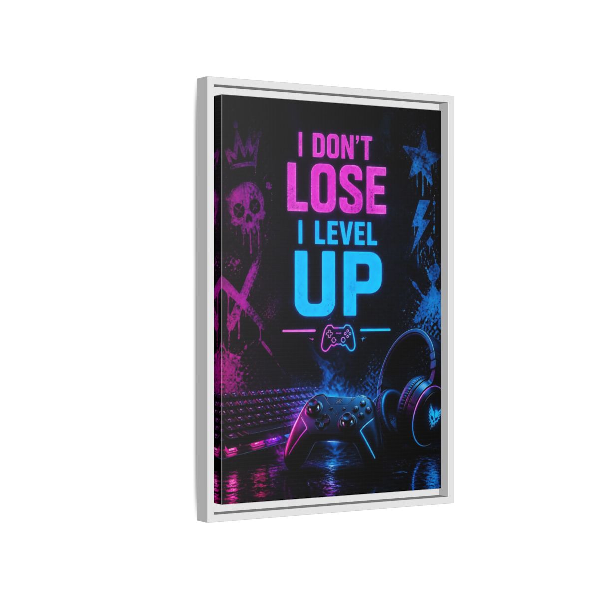 Side Mockup 1. Neon Gaming Quote shown as framed canvas print