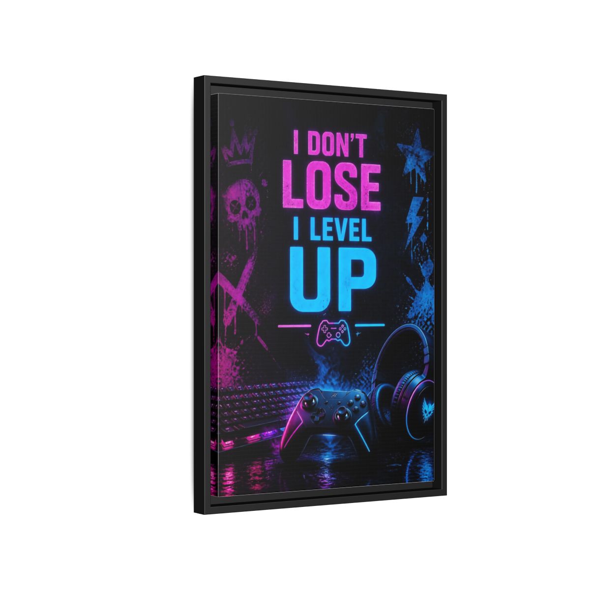Side Mockup 3. Neon Gaming Quote shown as framed canvas print