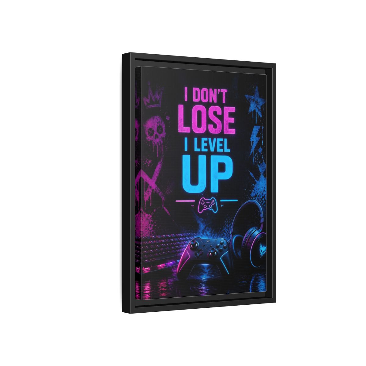 Side Mockup 6. Neon Gaming Quote shown as framed canvas print