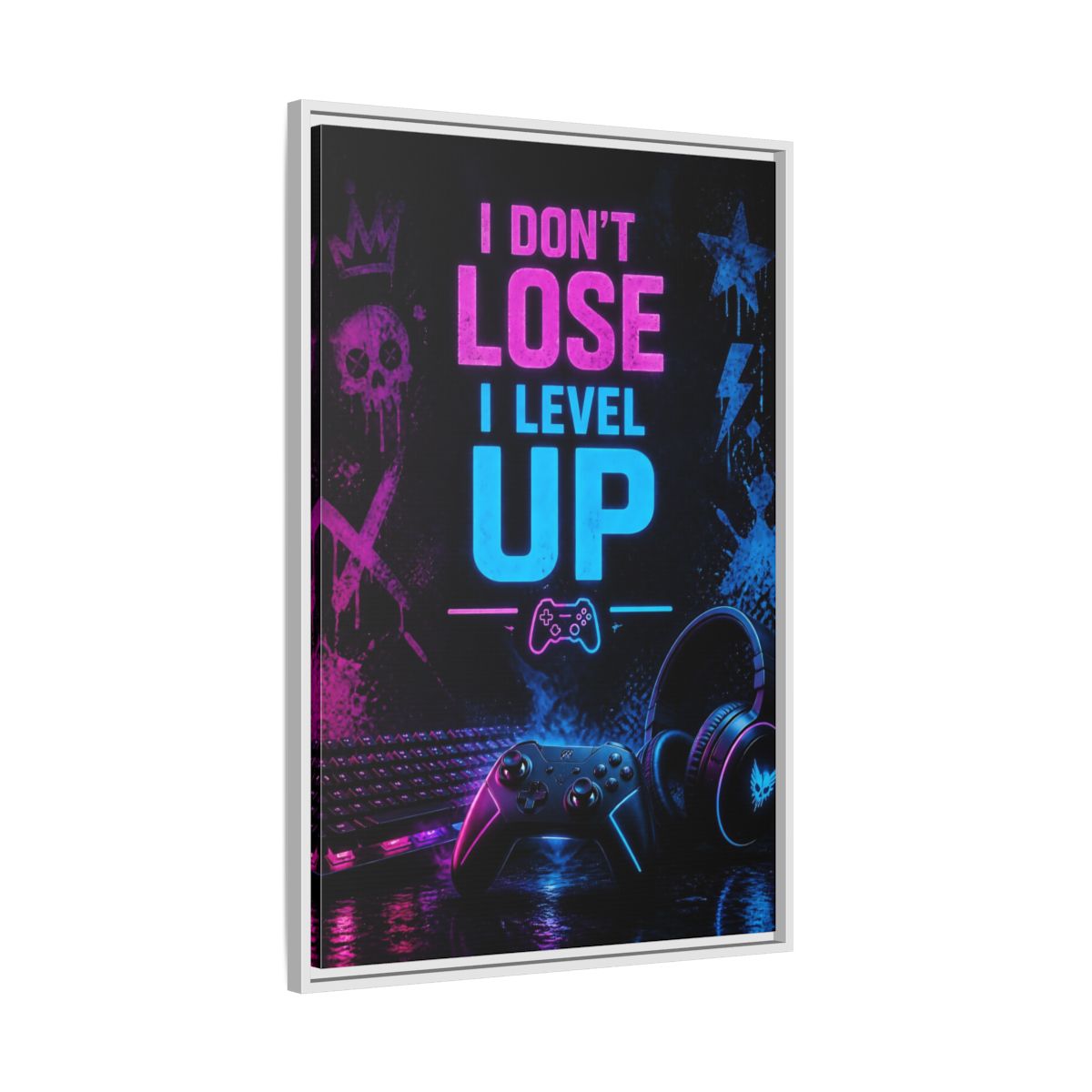 Side Mockup 9. Neon Gaming Quote shown as framed canvas print