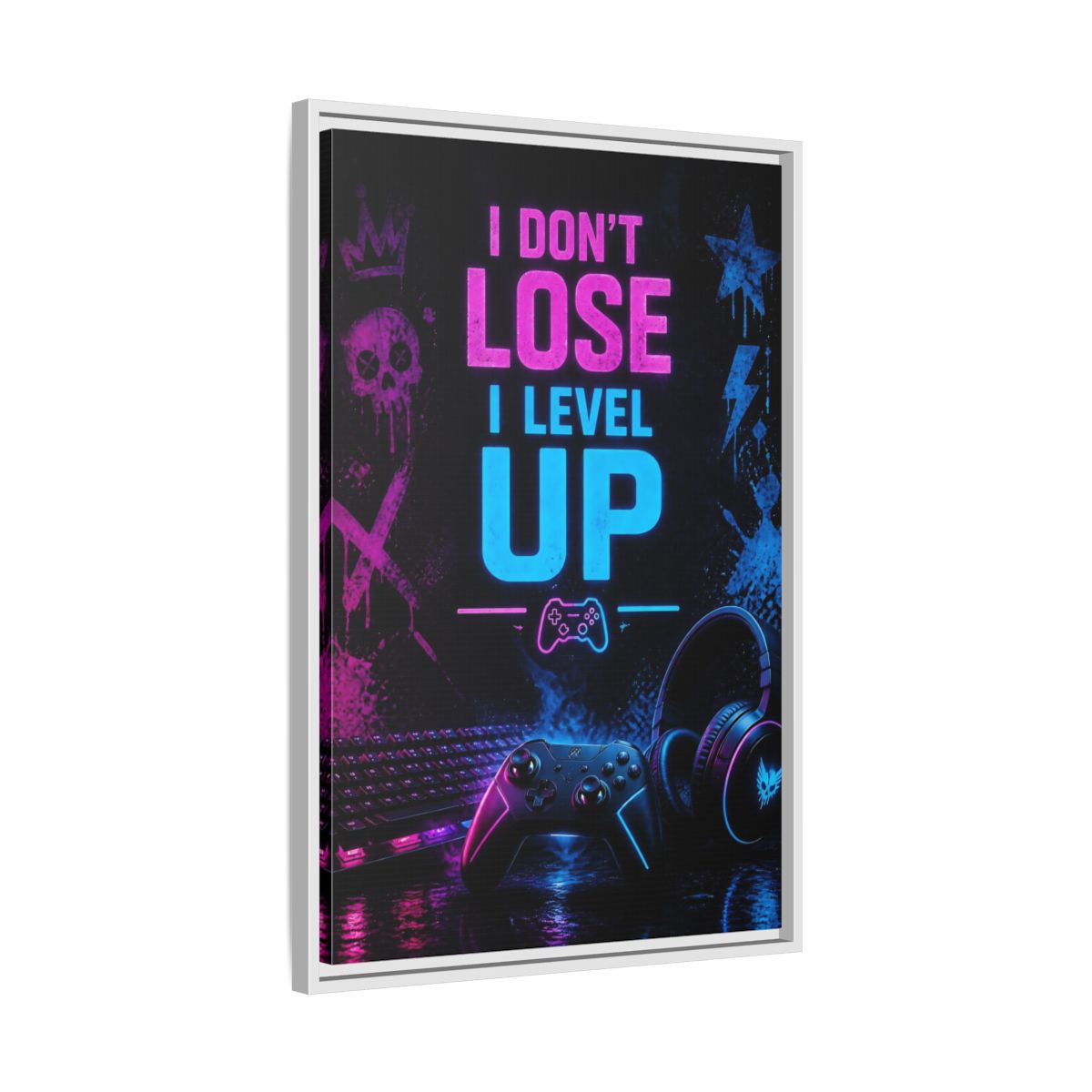Side Mockup 10. Neon Gaming Quote shown as framed canvas print