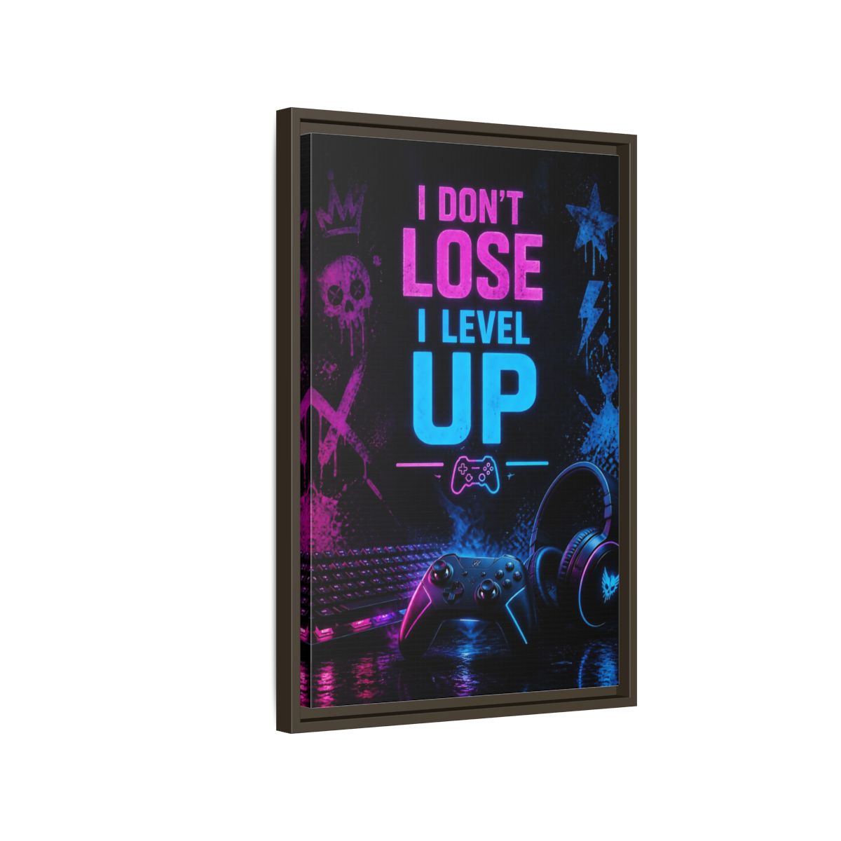 Side Mockup 2. Neon Gaming Quote shown as framed canvas print