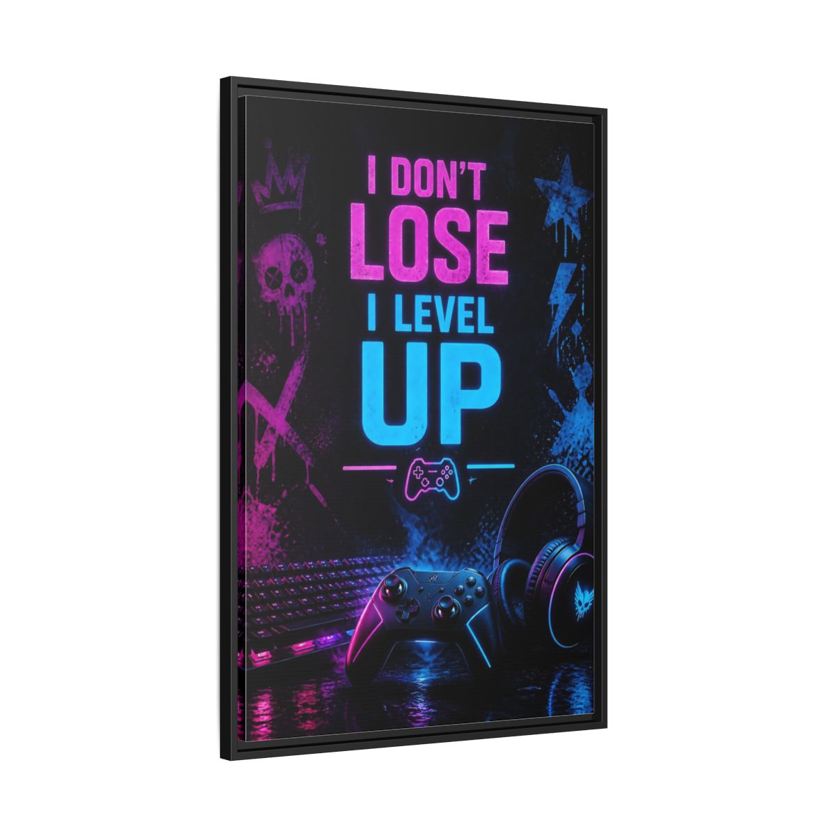 Side Mockup 13. Neon Gaming Quote shown as framed canvas print