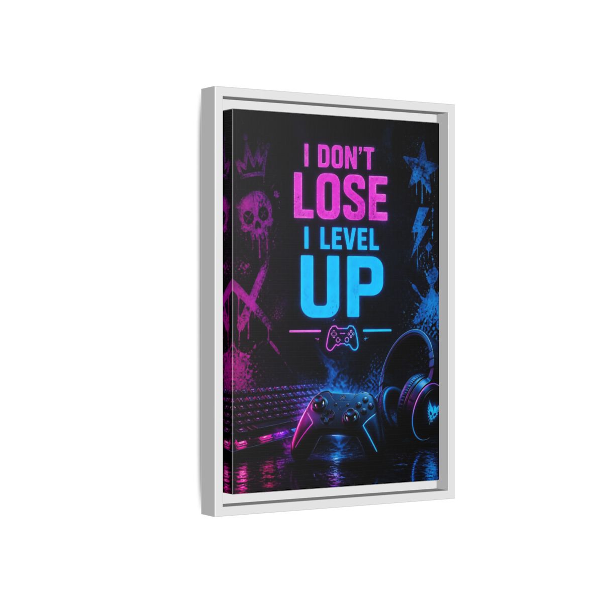 Side Mockup 4. Neon Gaming Quote shown as framed canvas print