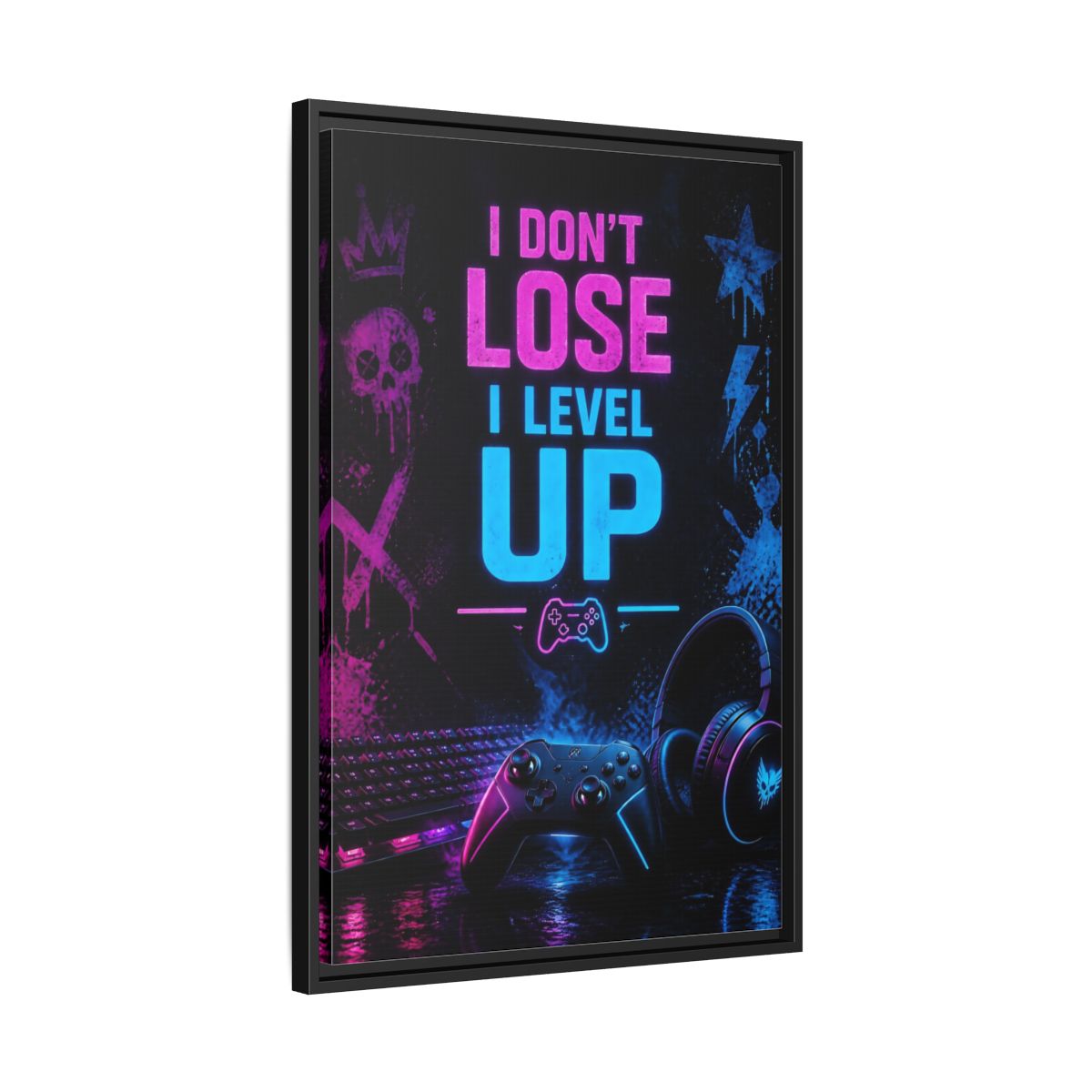 Side Mockup 14. Neon Gaming Quote shown as framed canvas print