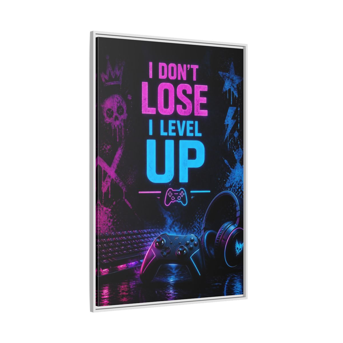 Side Mockup 7. Neon Gaming Quote shown as framed canvas print