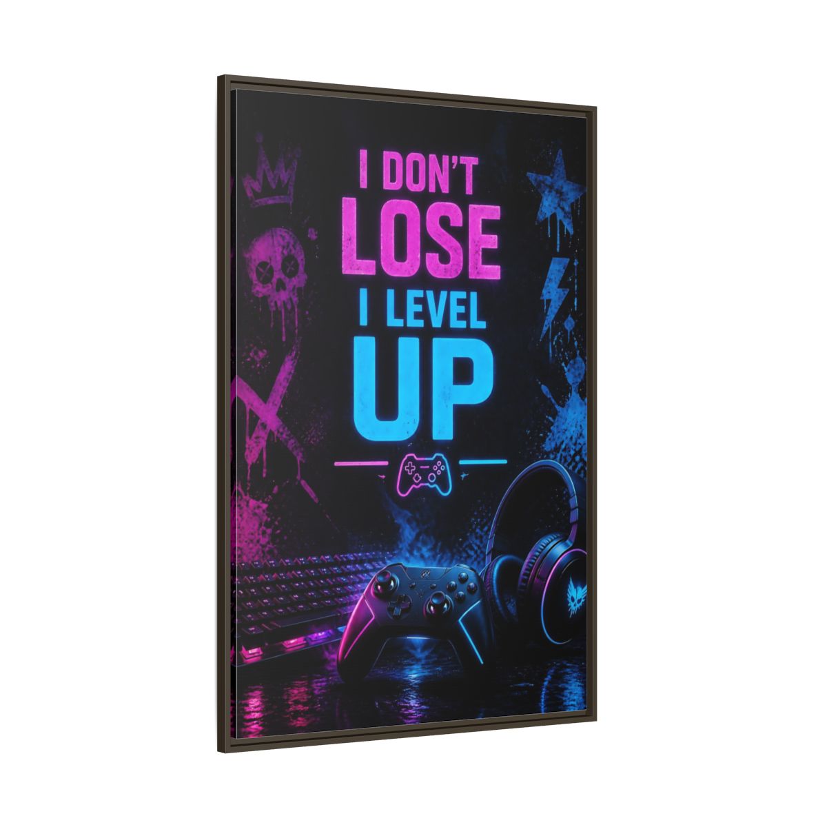Side Mockup 8. Neon Gaming Quote shown as framed canvas print