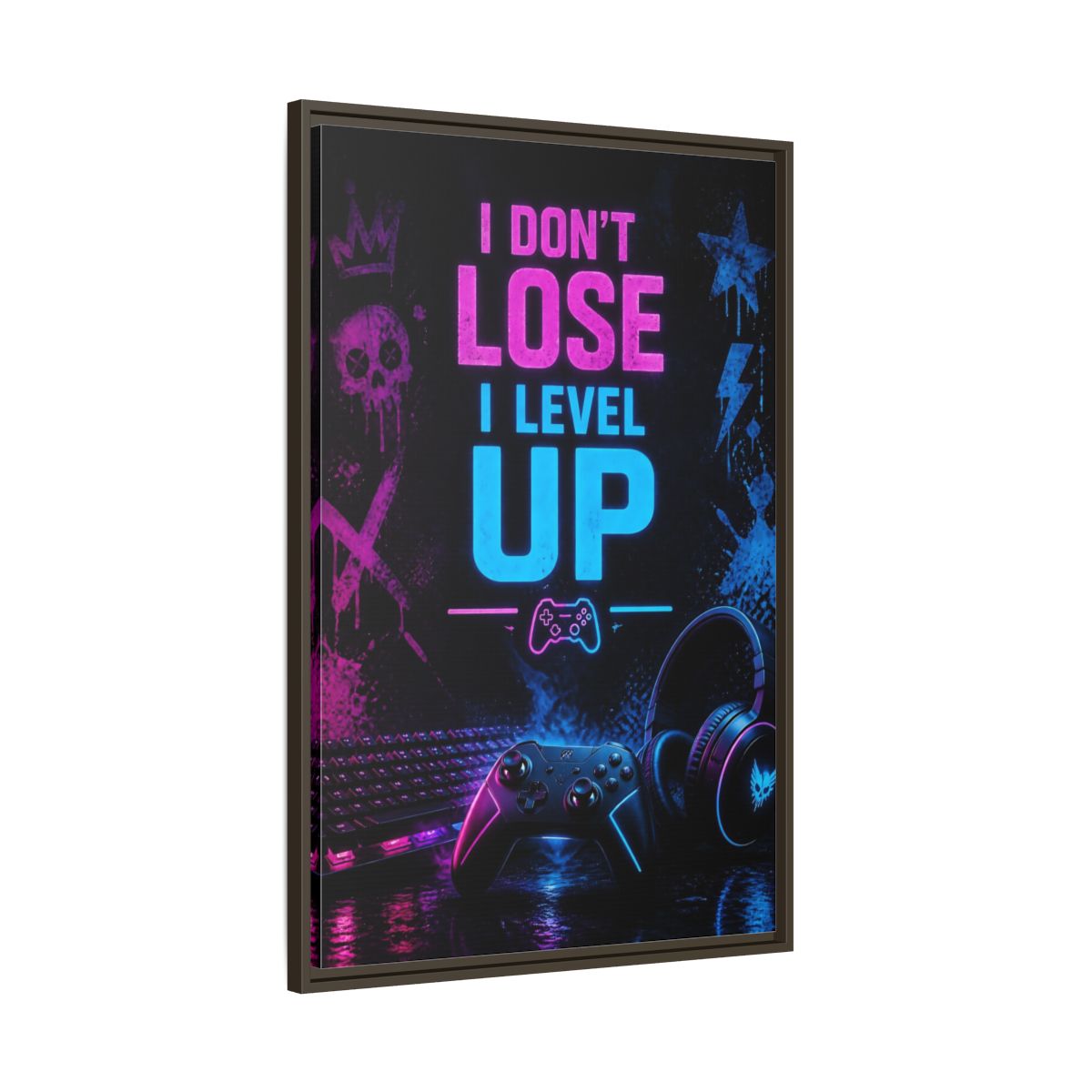 Main Mockup. Neon Gaming Quote shown as framed canvas print
