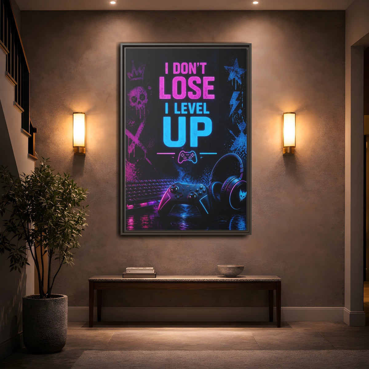 Mockup 2. Neon Gaming Quote shown as framed canvas print