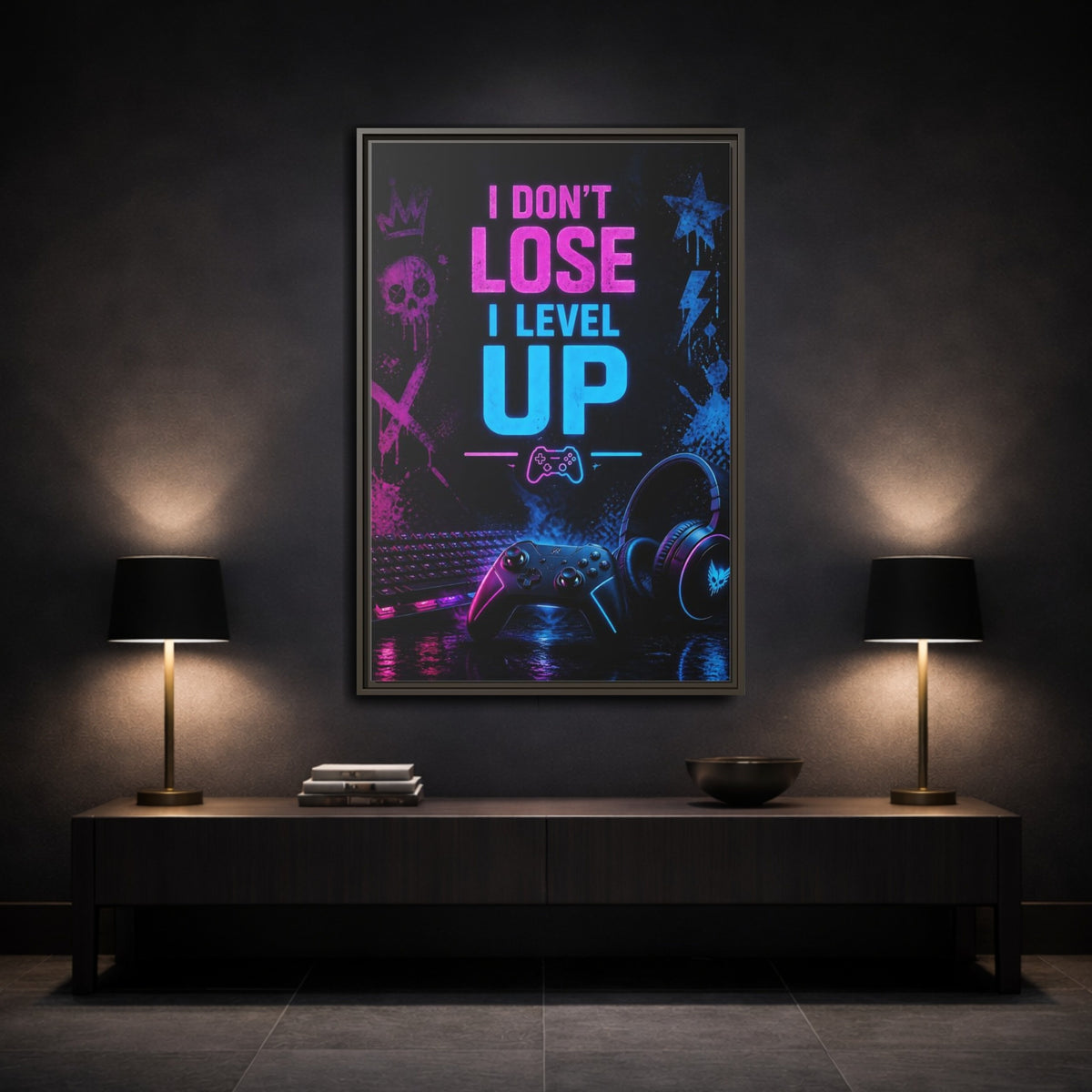 Mockup 3. Neon Gaming Quote shown as framed canvas print