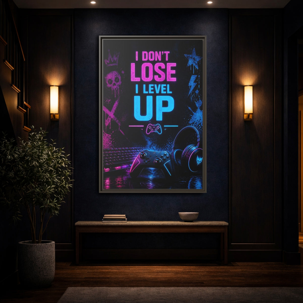 Mockup 4. Neon Gaming Quote shown as framed canvas print
