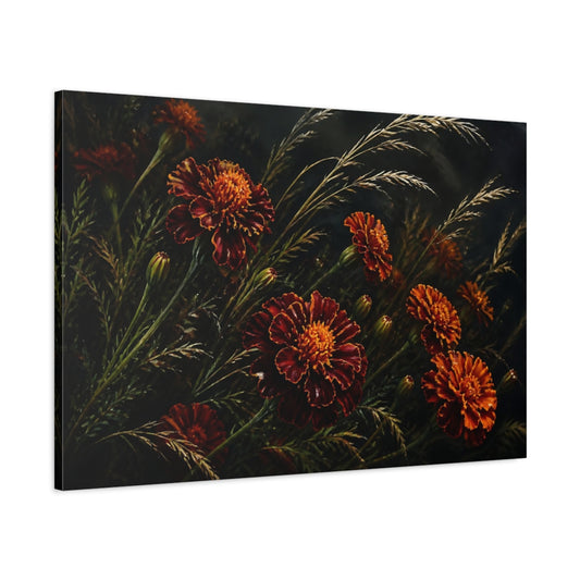 Main Mockup. Noir Marigold Flowers shown as canvas print