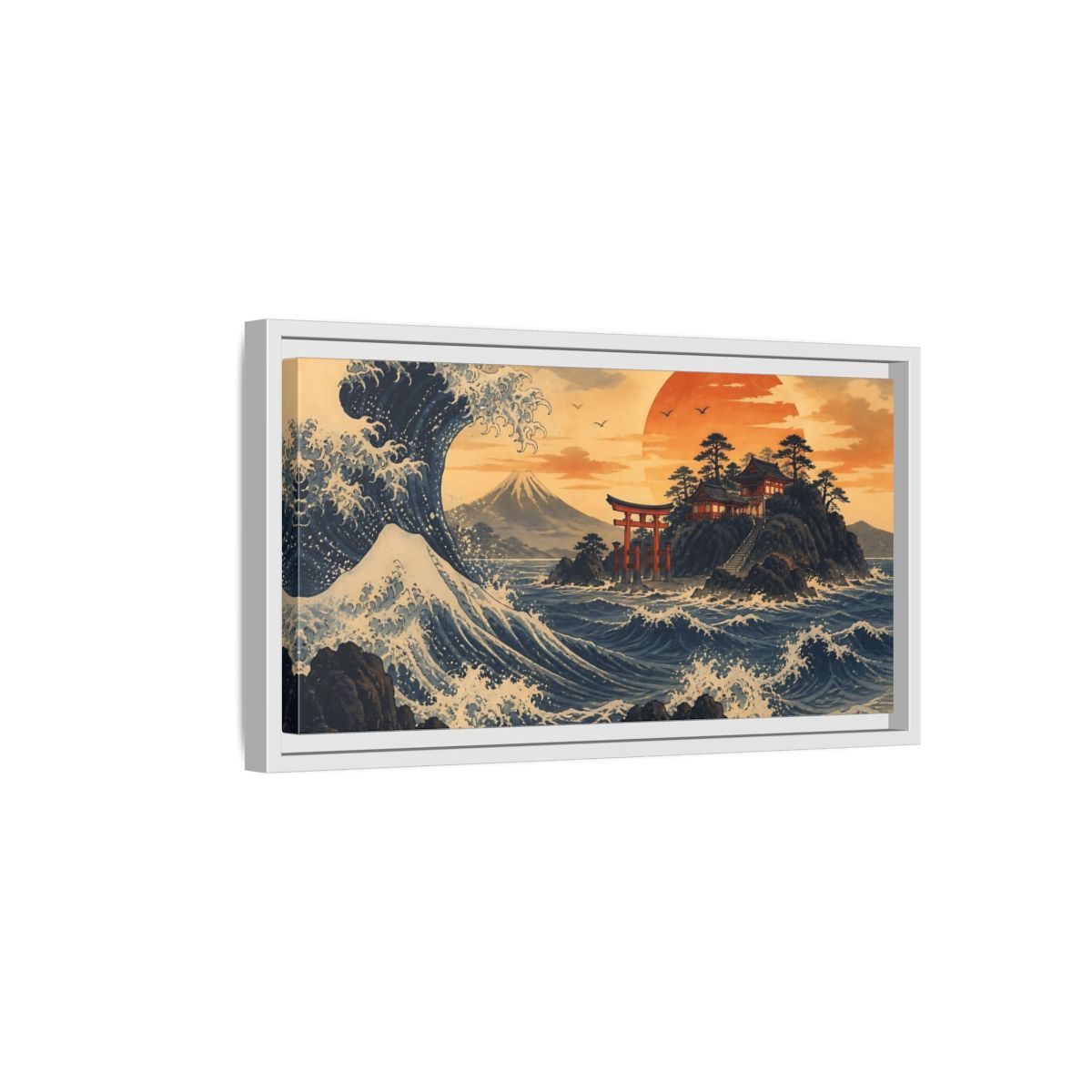 Side Mockup 6. Ocean Wave With Torii shown as framed canvas print