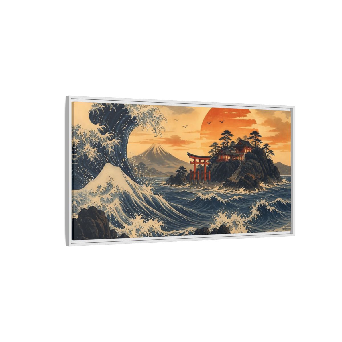 Side Mockup 3. Ocean Wave With Torii shown as framed canvas print