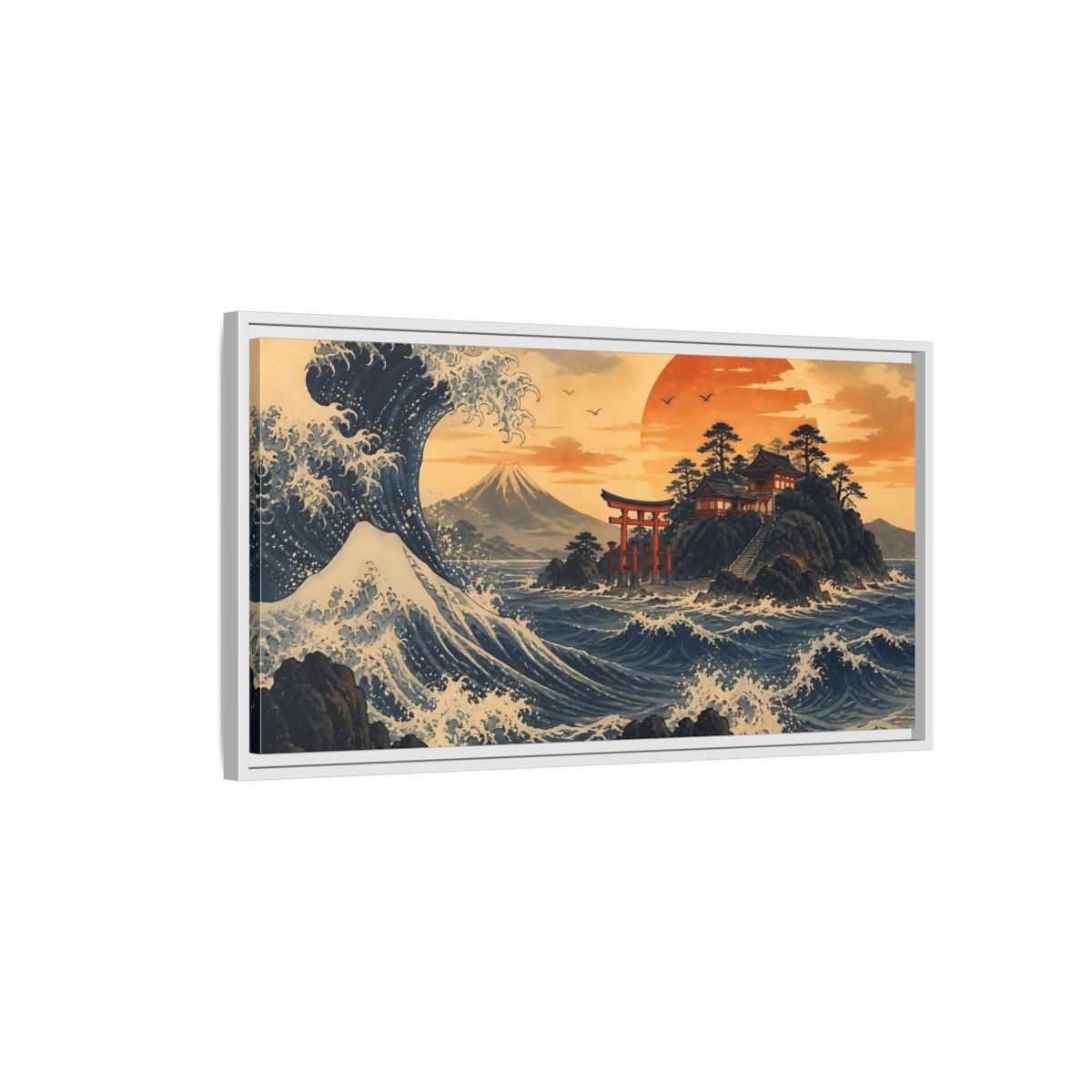Side Mockup 1. Ocean Wave With Torii shown as framed canvas print